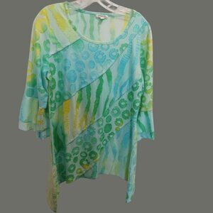Paris Colorful Layered Tunic Top With 3/4 Sleeves & Abstract Design Size Small